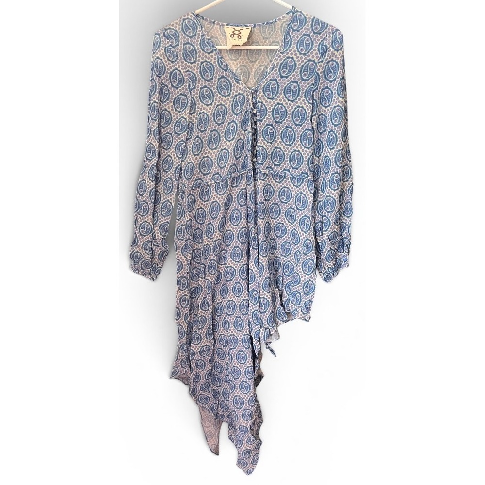 Figue Ria Dress Blue Paisley Asymmetrical Handkerchief Hem V-Neck‎ Womens Size S